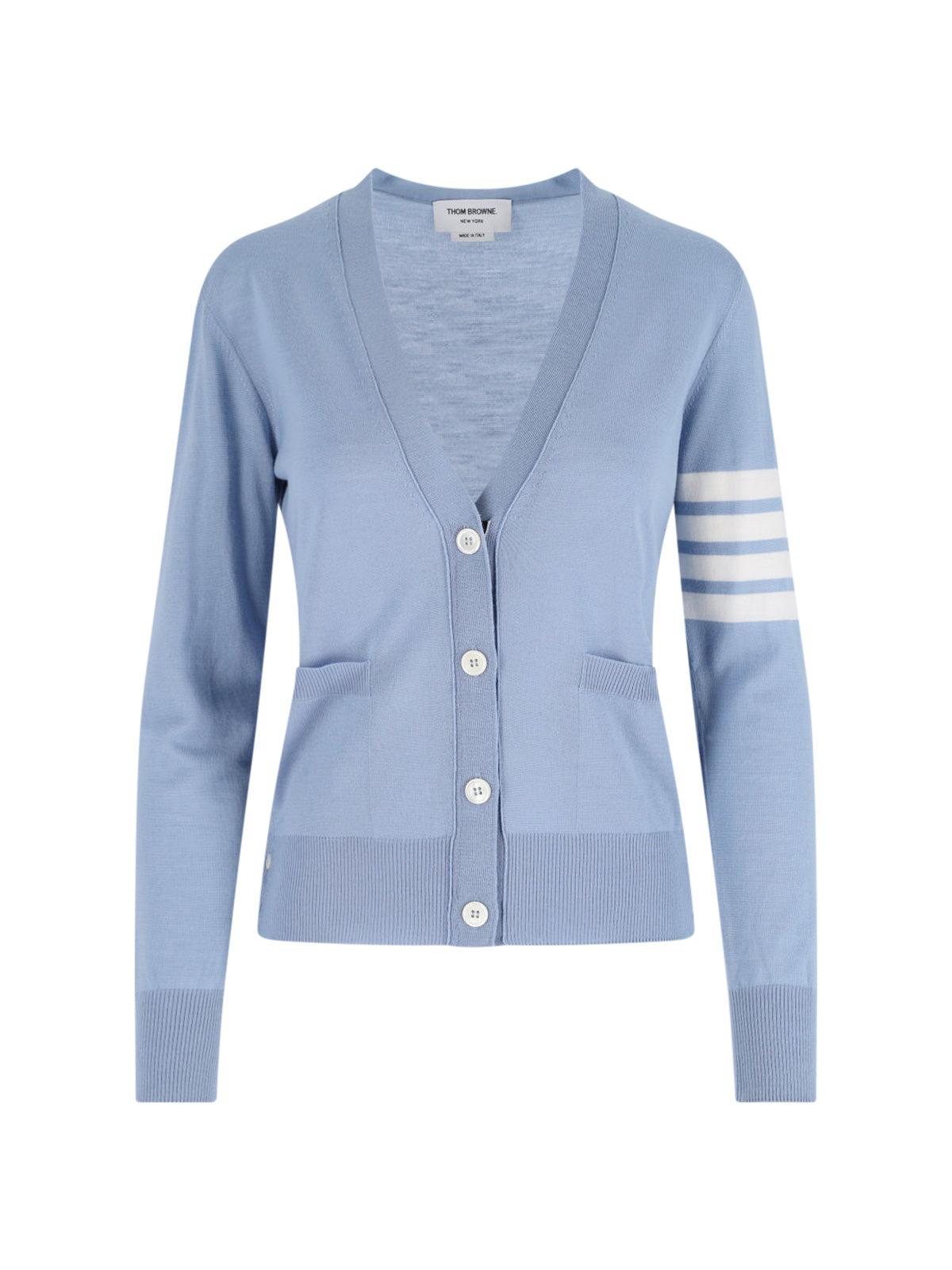Blue 4-Bar V-Neck Virgin Wool Cardigan