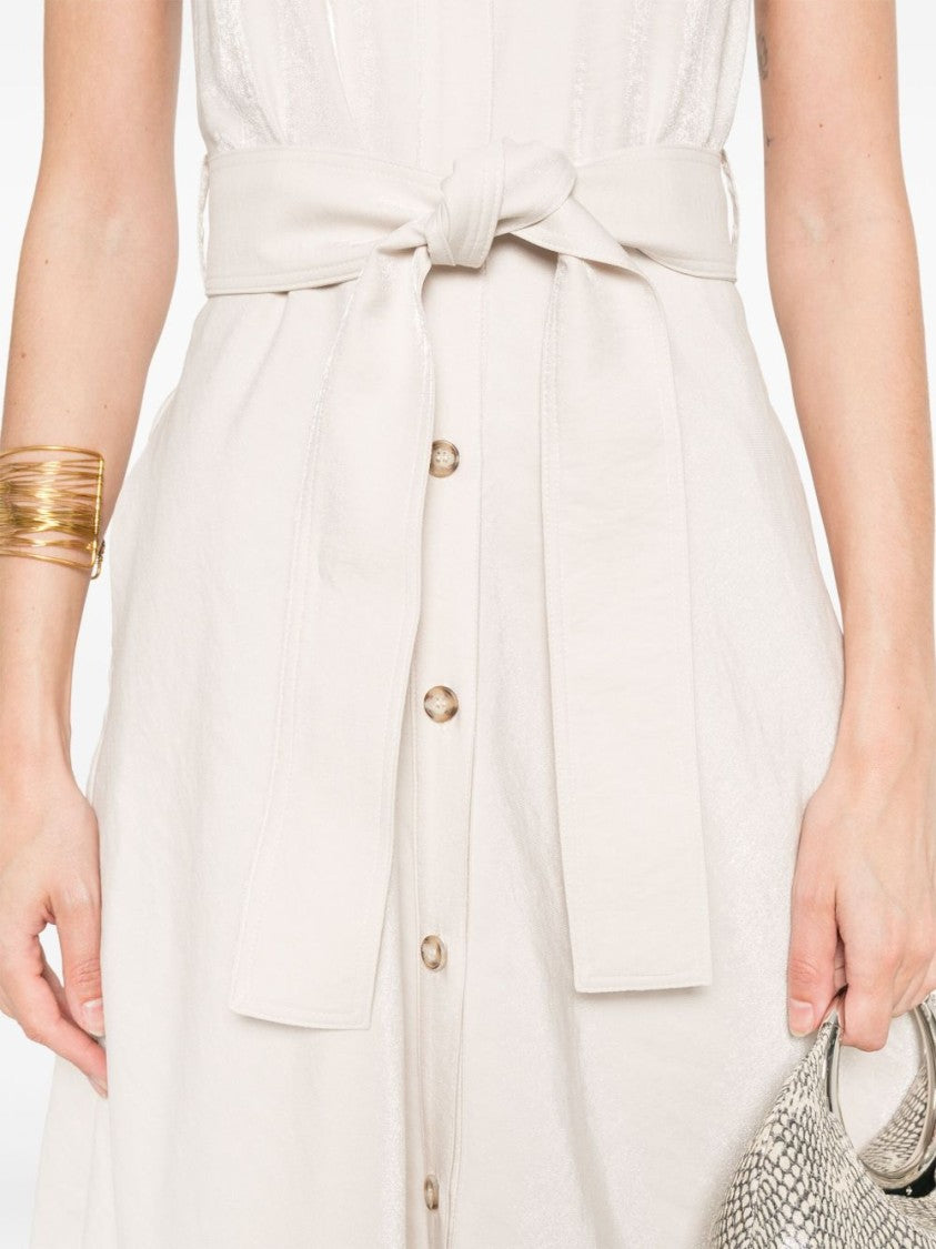 Beige Midi Dress With Button-Down Front And Belted Waist