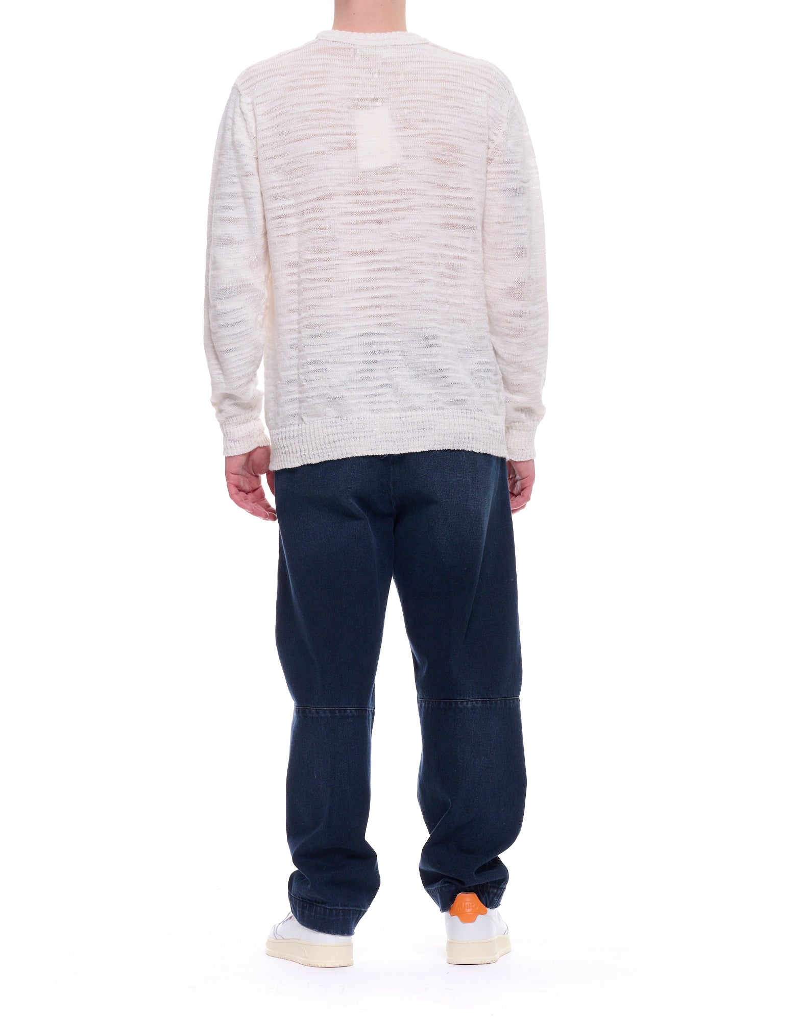 White Slub Crew-Neck Linen Blend Sweater