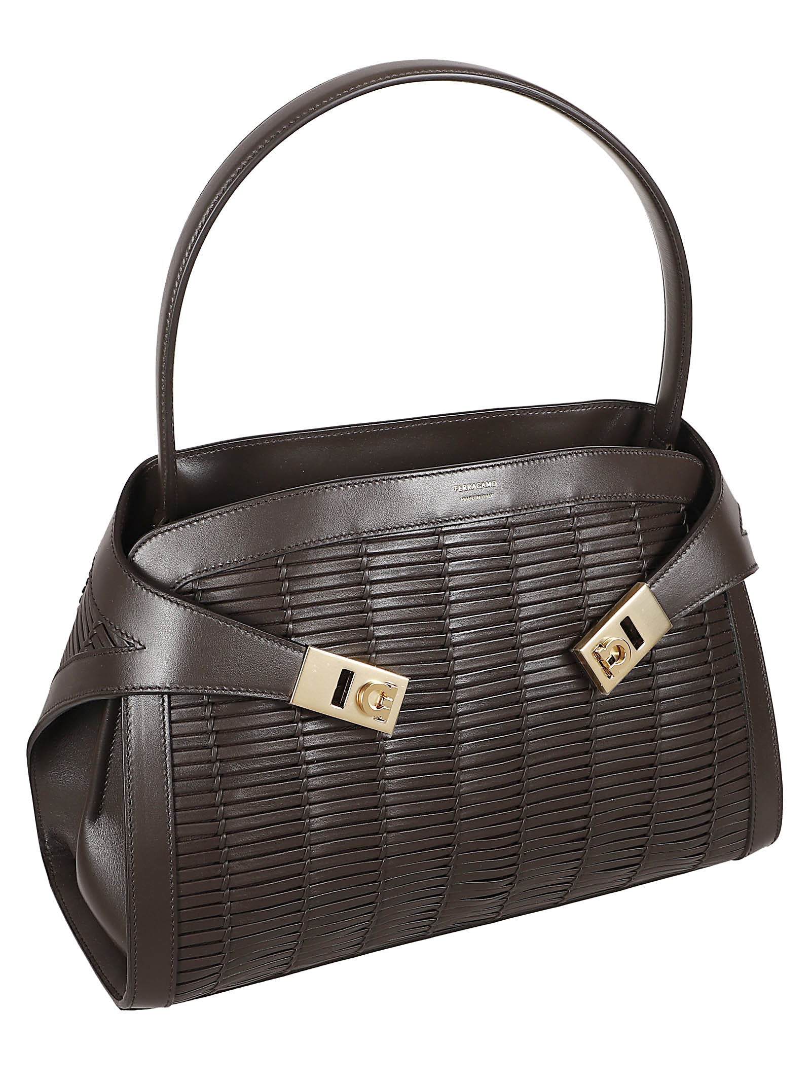 Structured Brown Handbag with Woven Leather Design and Gold Accents