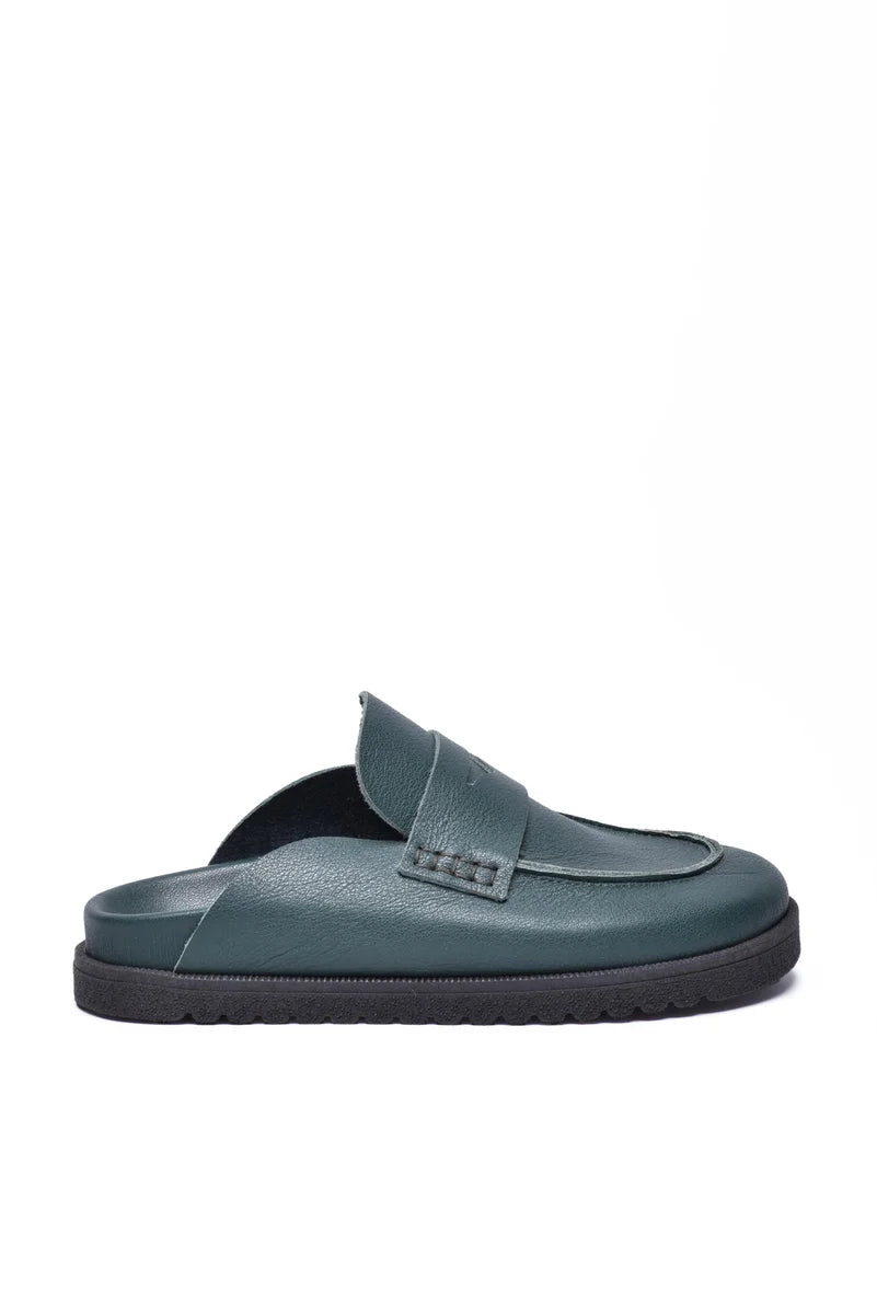 Green Leather Mules with Rubber Sole