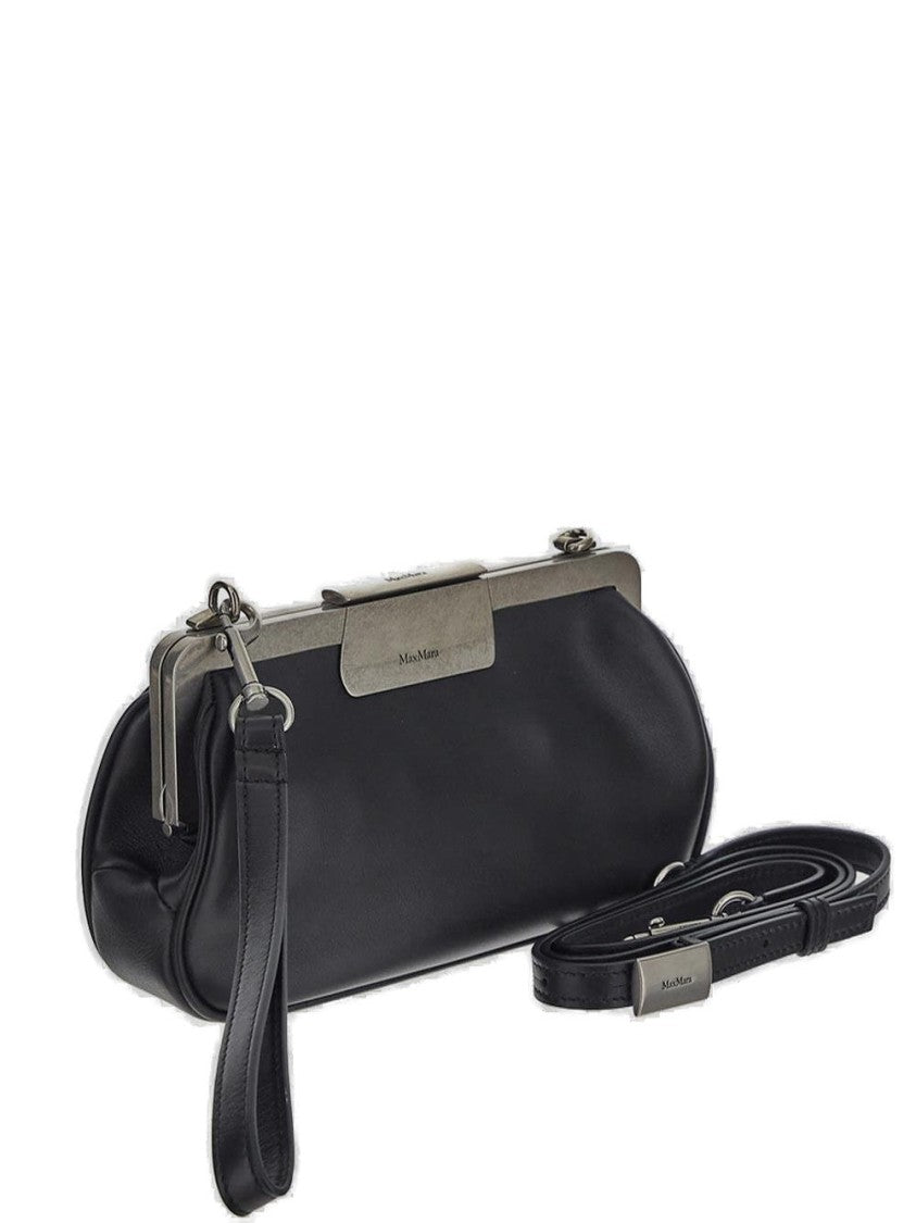 Rounded Black Leather Clutch With Metallic Clasp