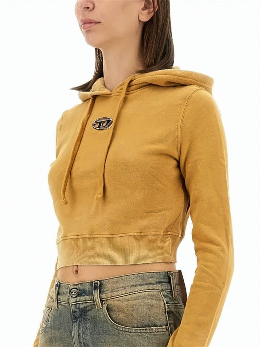 Cropped Hoodie with Drawstring Hood and Metallic Logo Detail