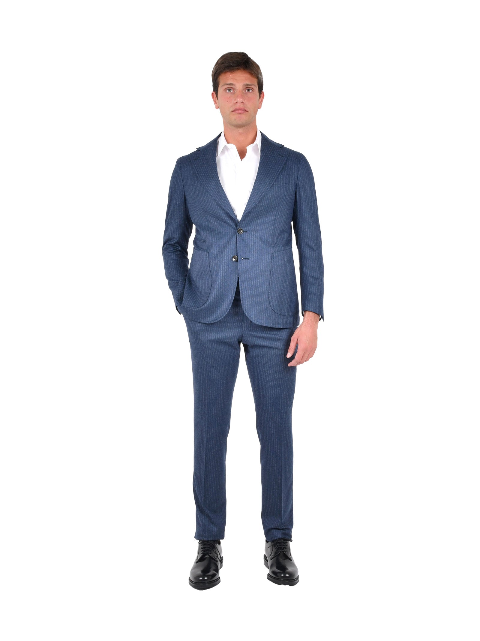 Pinstriped Blue Wool Suit With Tailored Blazer