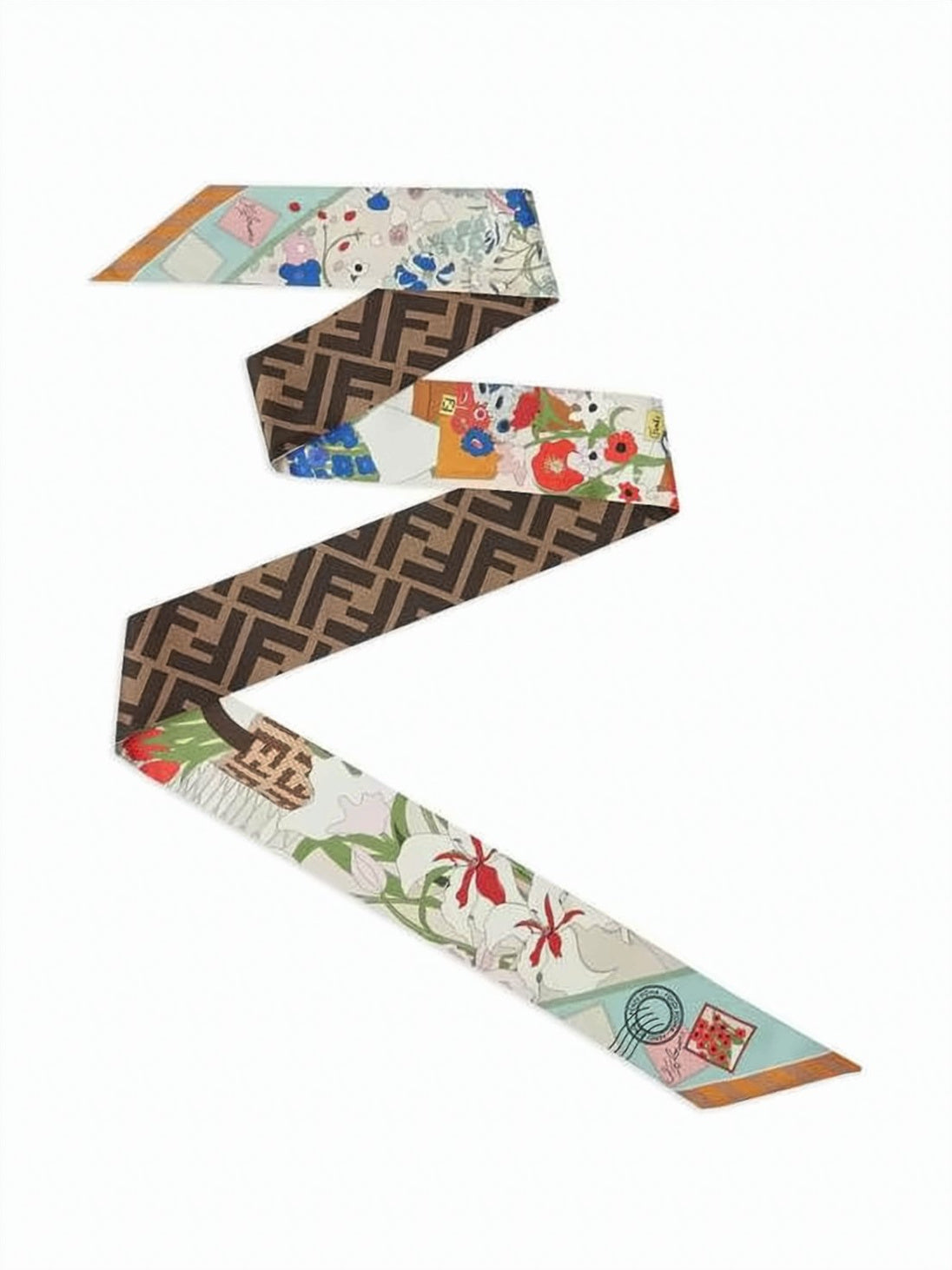 Brown Silk Monogram Floral Pattern Scarf