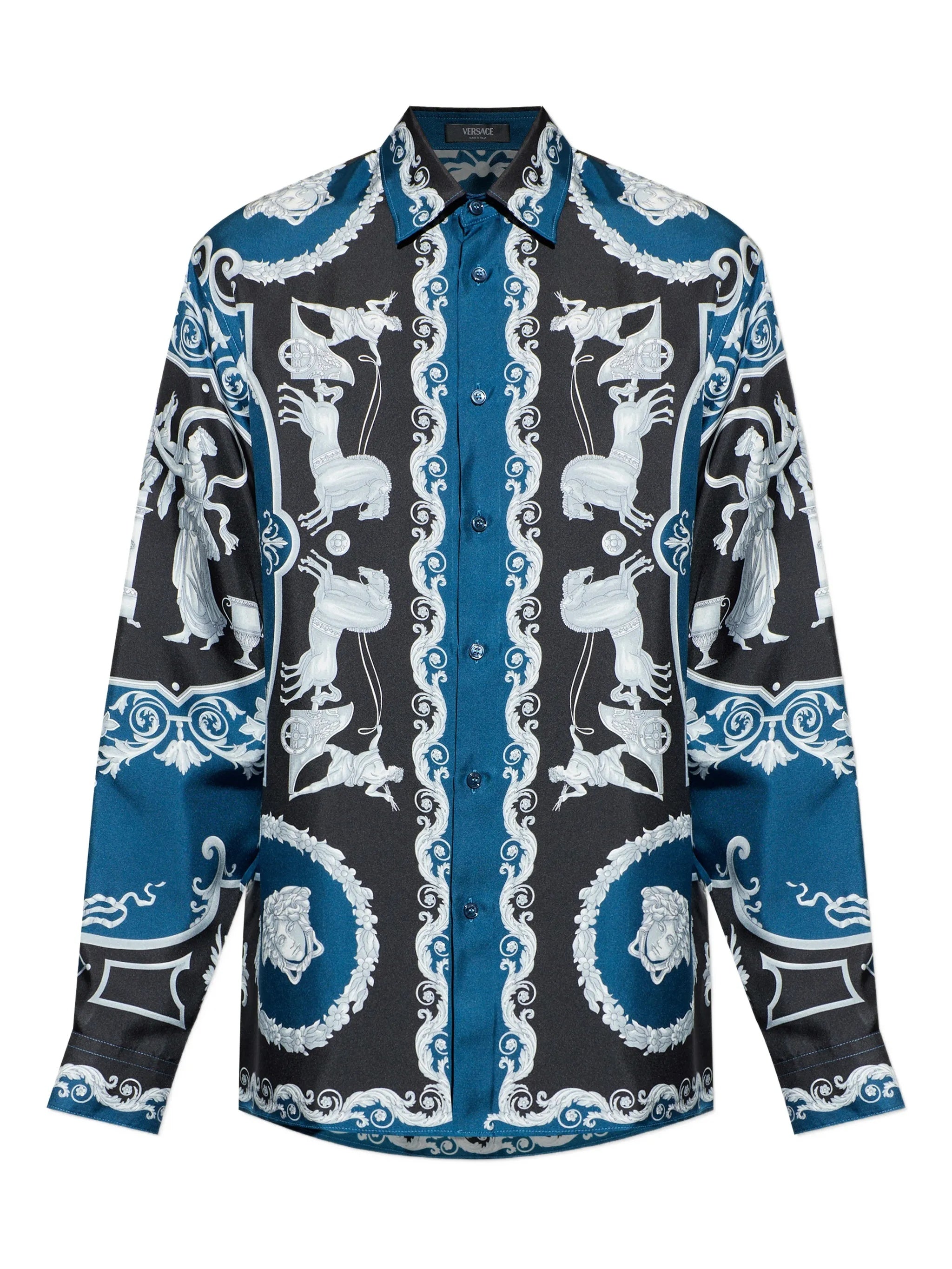 Blue Baroque-Print Silk Long-Sleeve Shirt