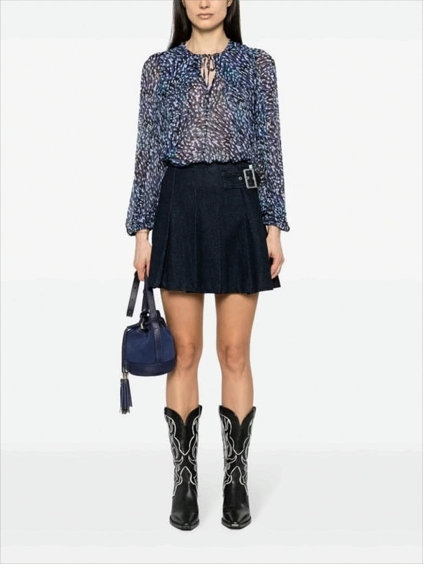 Abstract Pattern Semi-Sheer Blouse with Keyhole Detail