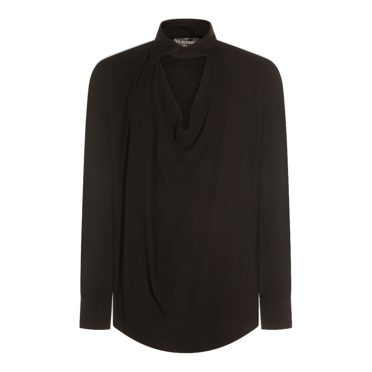 Long-Sleeve Black Shirt With Draped Neckline