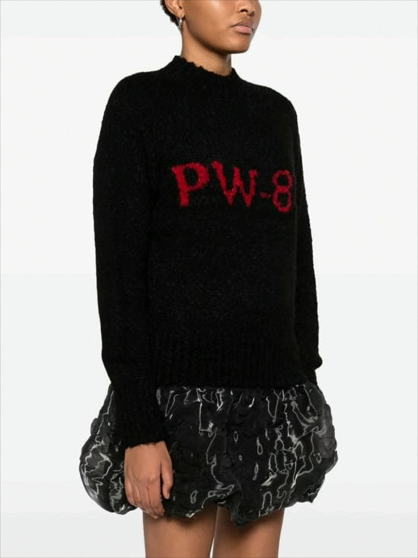 Fuzzy Black Knit Sweater With Bold Red 'Pw-89' Detail