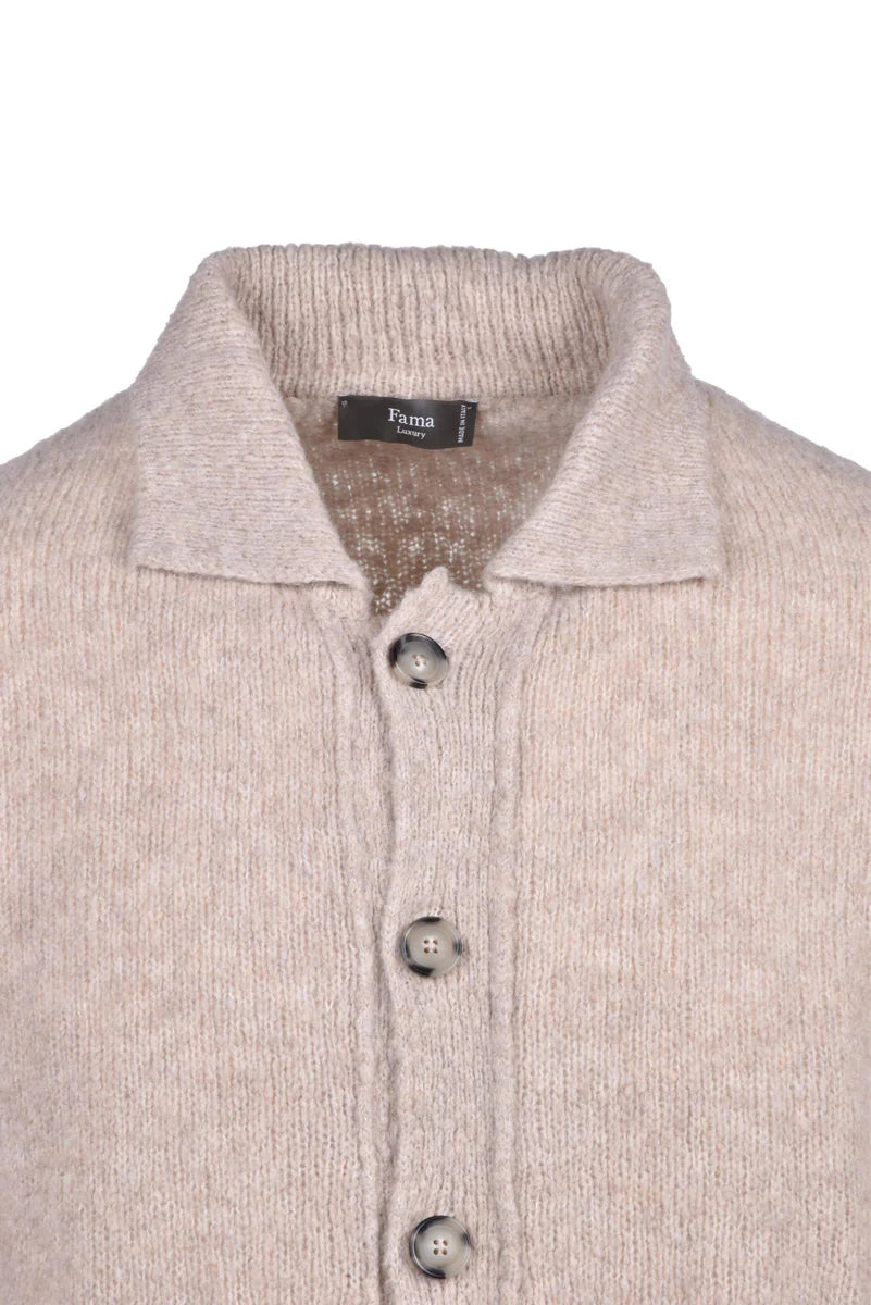 Beige Button-Up Cardigan with Classic Collar