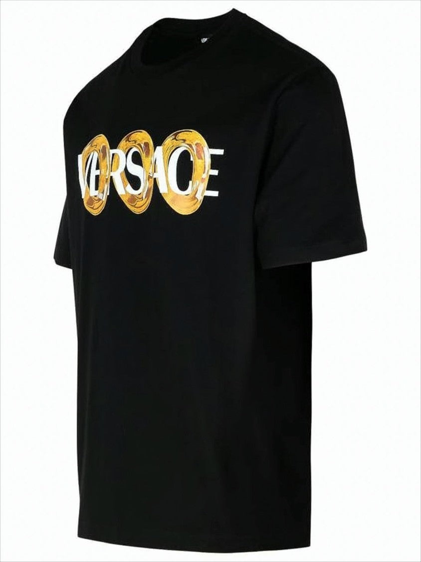 Classic Black T-Shirt with Bold Logo and Gold Chain Motif