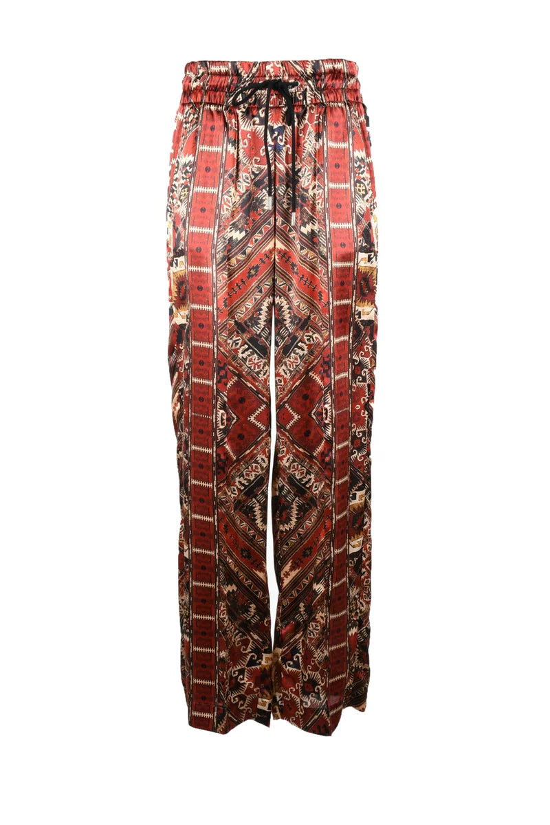 Wide-Leg Silk Trousers with Geometric Pattern