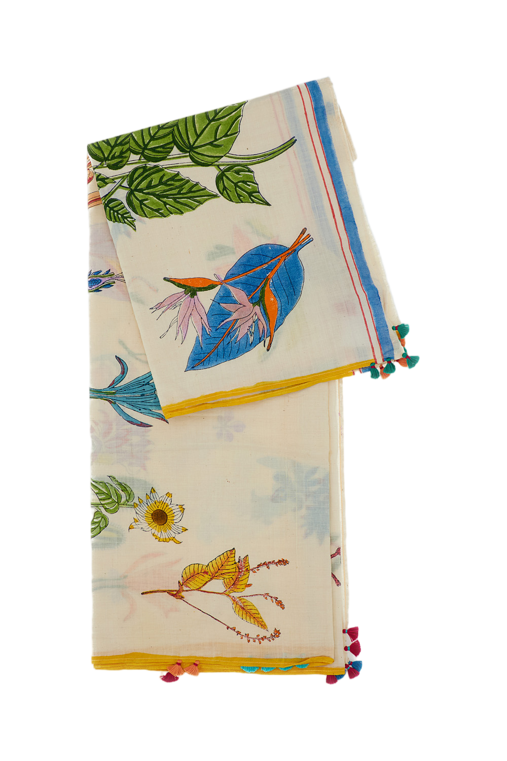 Multicolor Botanical Print Cotton Scarf With Tassel Detailing