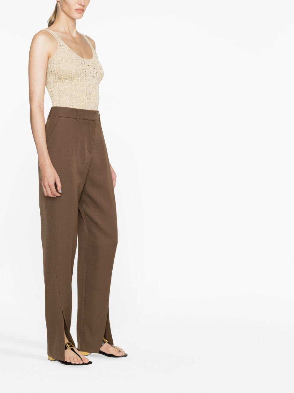 Tobacco Brown Slit-Detail Tapered Trousers