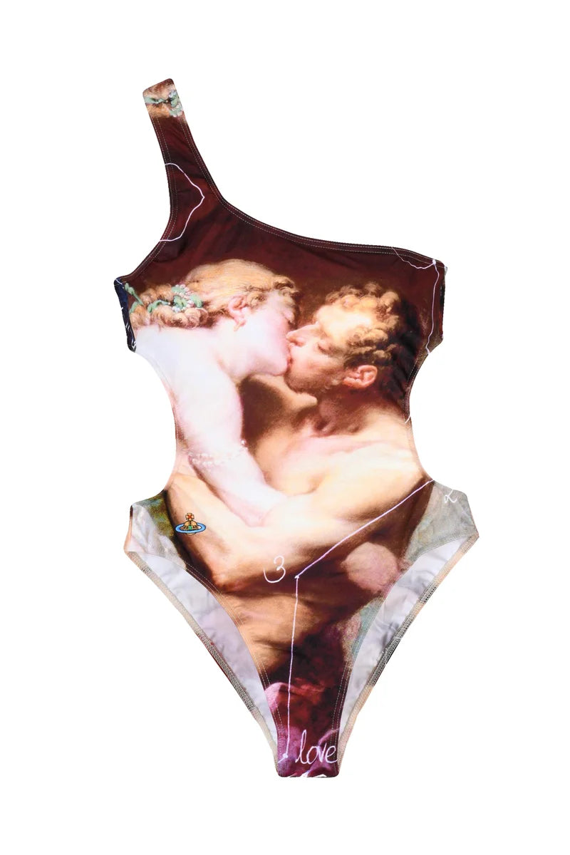 Artistic One-Shoulder Swimsuit with Detailed Print