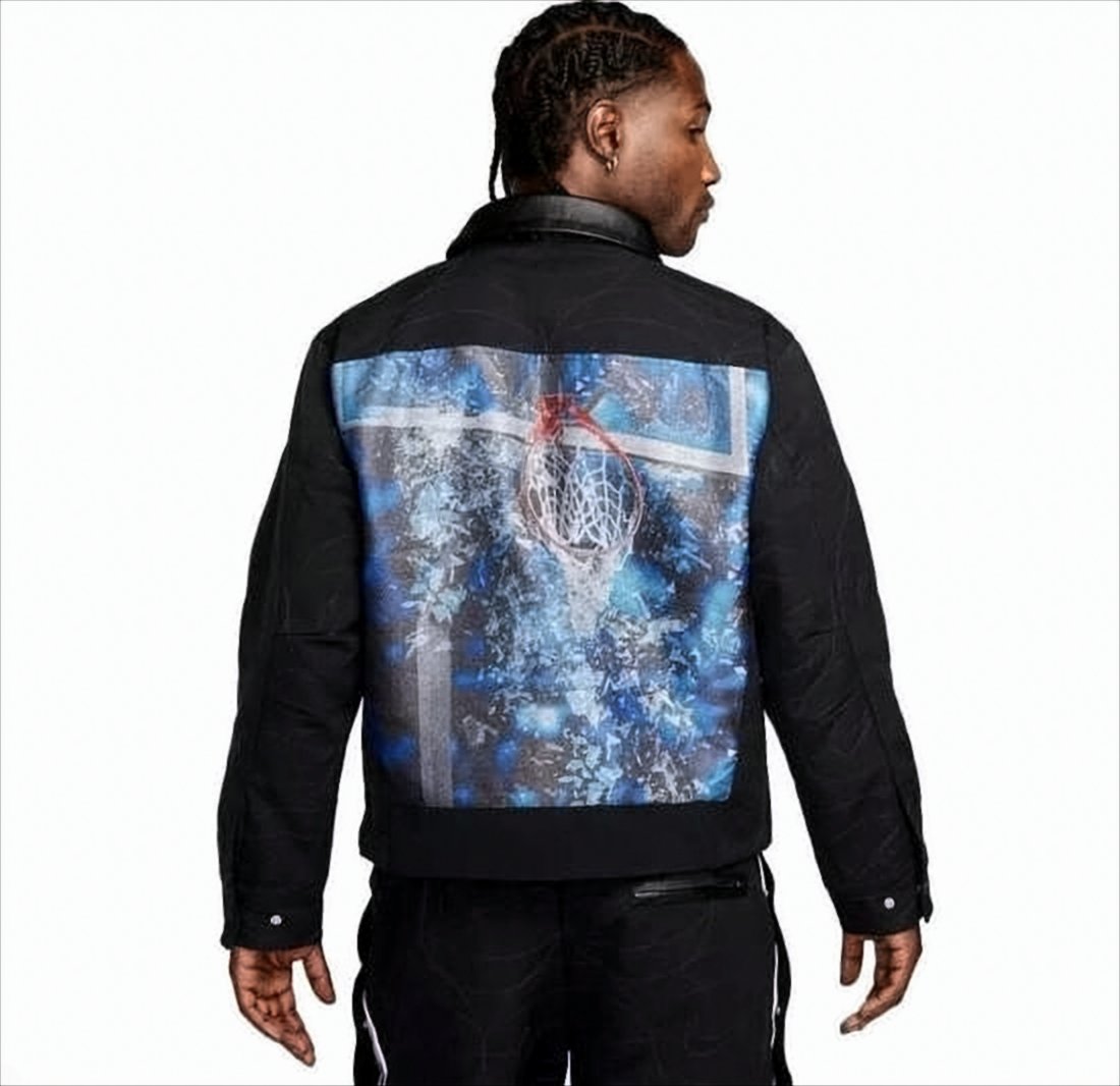 Black Basketball-Themed Jacket with Leather Collar