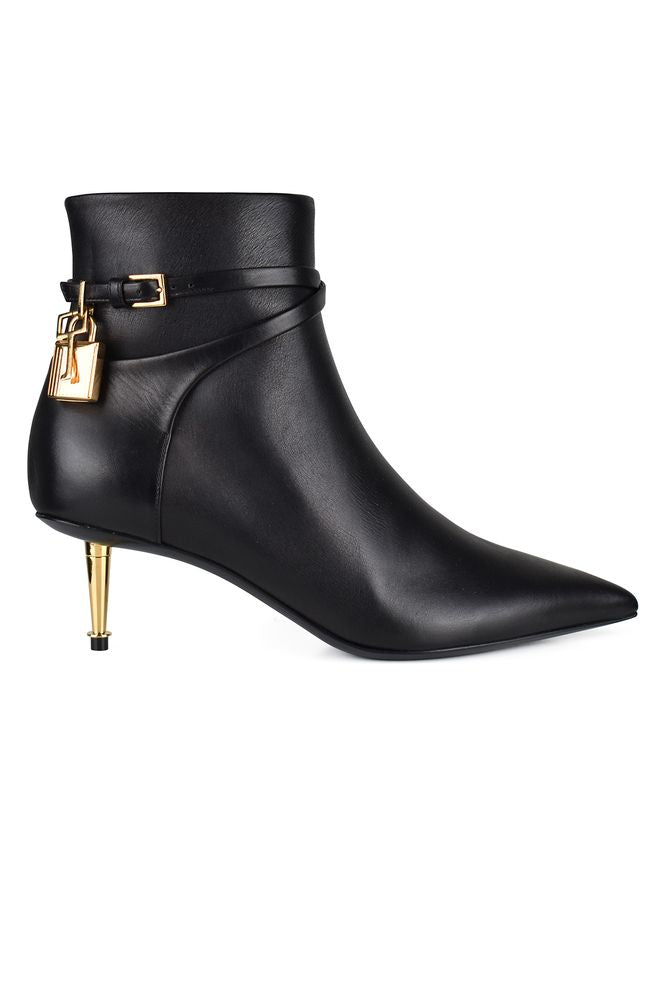 Pointed Black Leather Ankle Boots With Gold Lock Charm