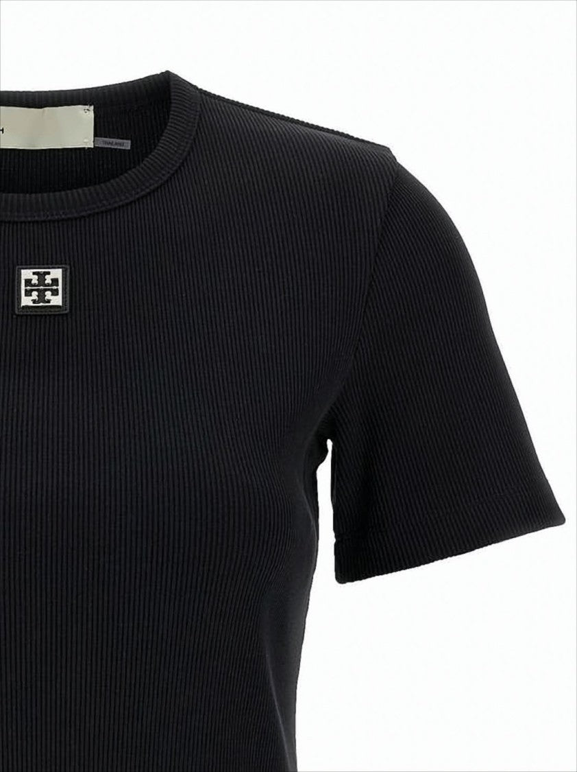 Ribbed Knit Short-Sleeved Top with Logo Patch