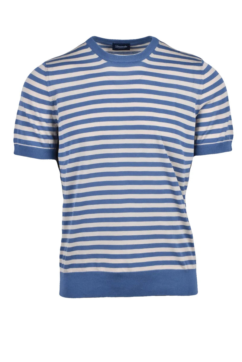 Cotton Crew Neck Top - Beige/Sky Blue
