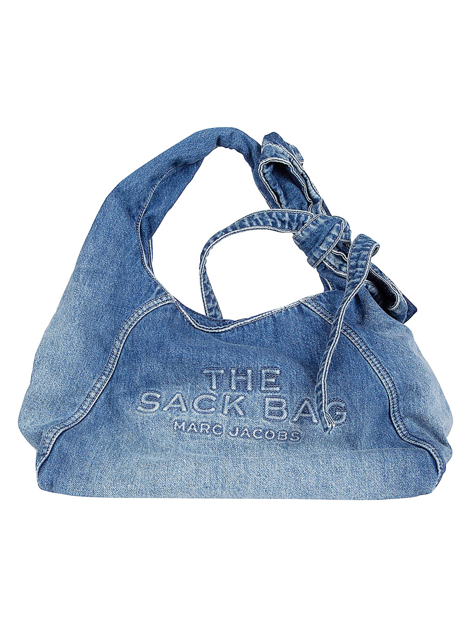 Denim Slouchy Bag with Tubular Handle and Embossed Logo