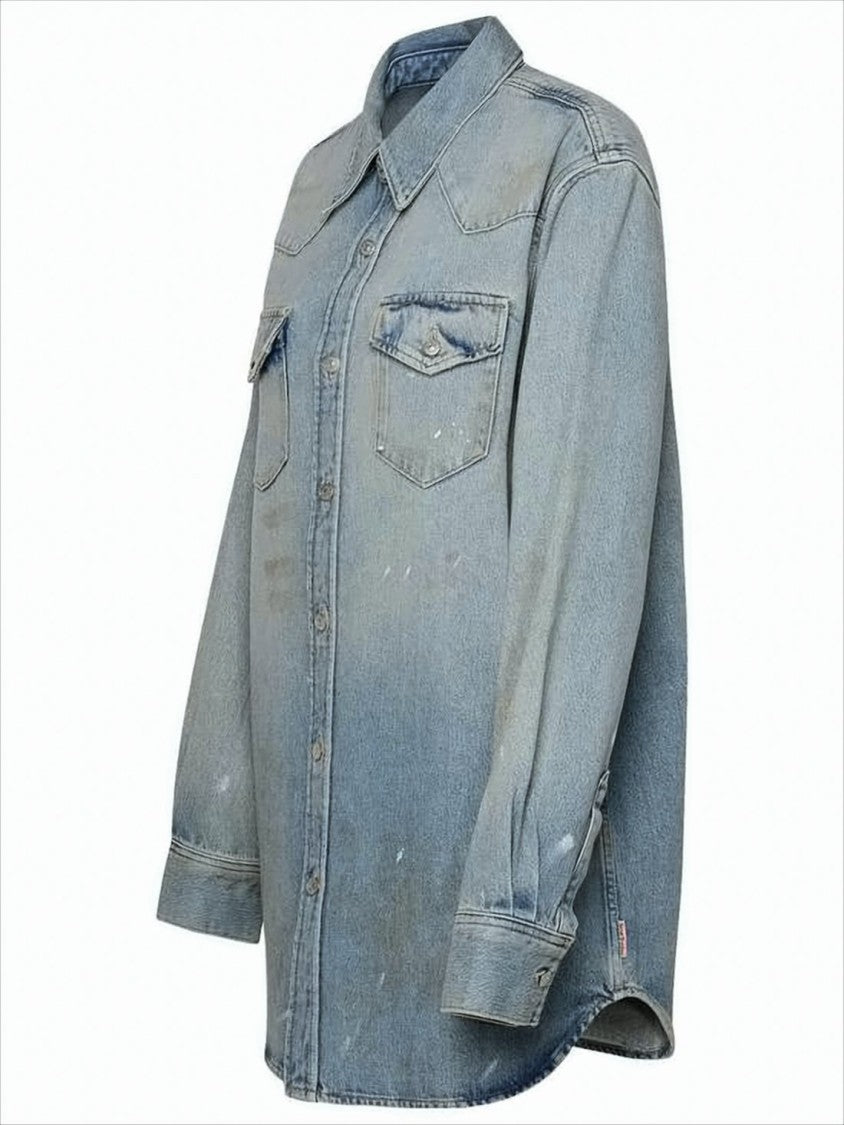 Light Blue Button-Down Denim Shirt With Distressed Finish