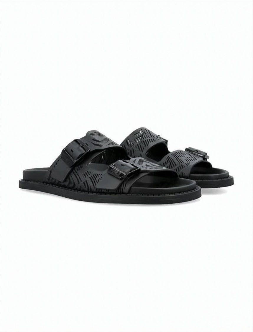 Perforated Black Leather Slide Sandals with Adjustable Straps