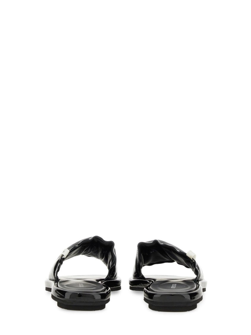 Black Lamb Leather Slide Sandal With Glossy Finish