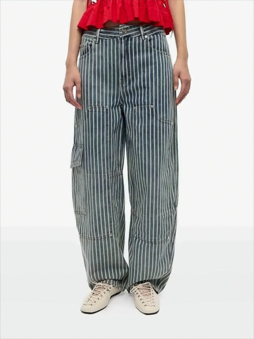 Vertical Striped Straight-Leg Pants With Cargo Pocket Detail