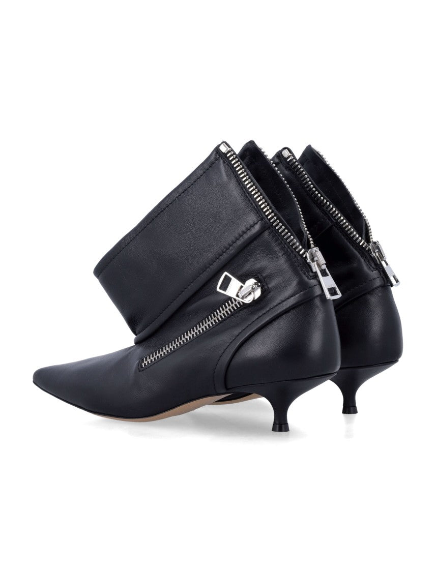 Black Leather Biker Kitten Heel Ankle Boot