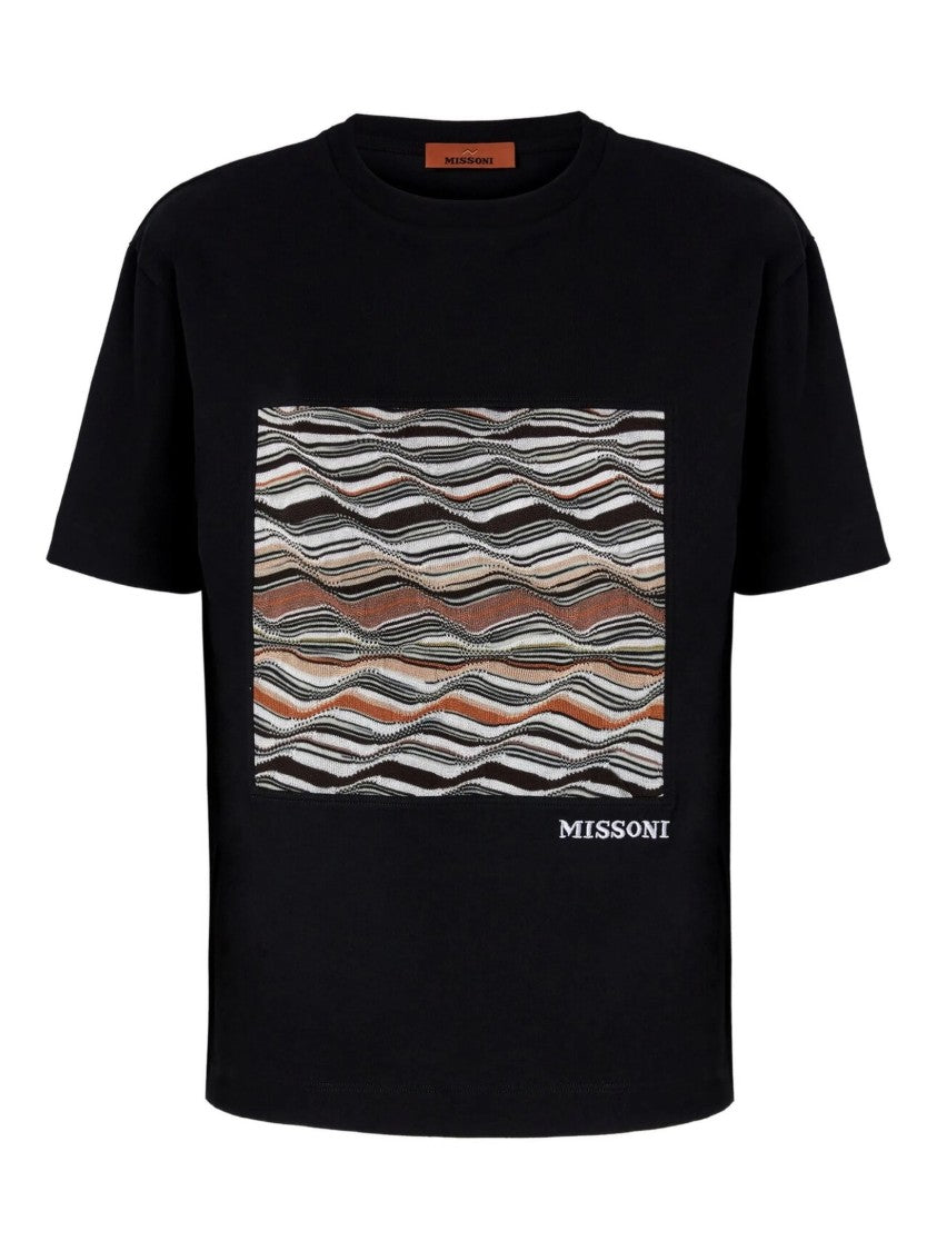 Black Cotton Jersey T-Shirt With Wave-Patterned Knit Insert