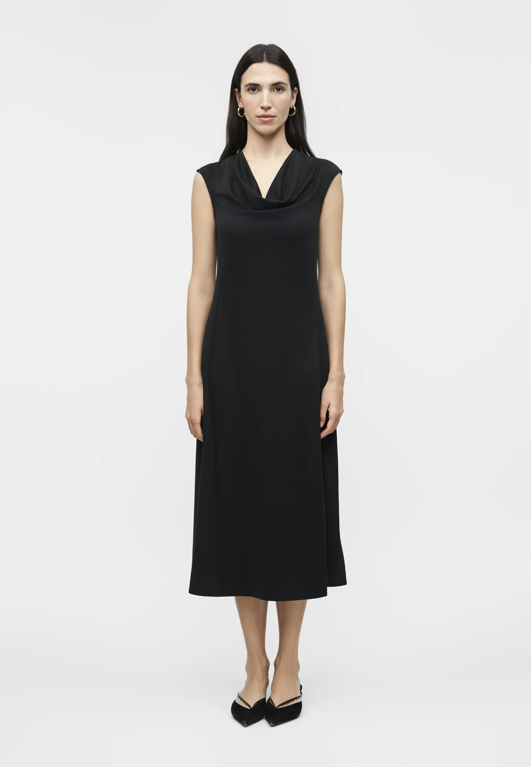 A-Line Midi Dress with Draped Cowl Neckline