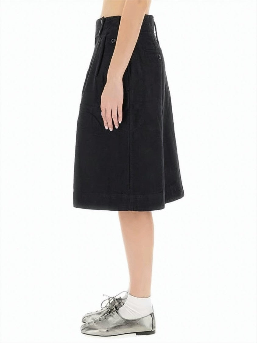 A-Line Midi Skirt with Button-Detail Waistband