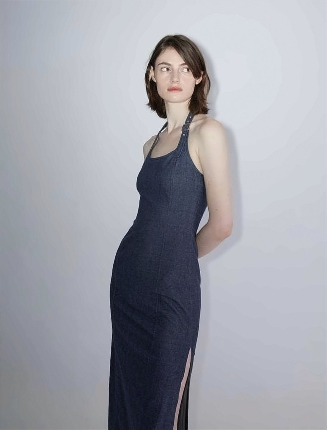 Fitted Midi Dress with Square Neckline and Side Slit