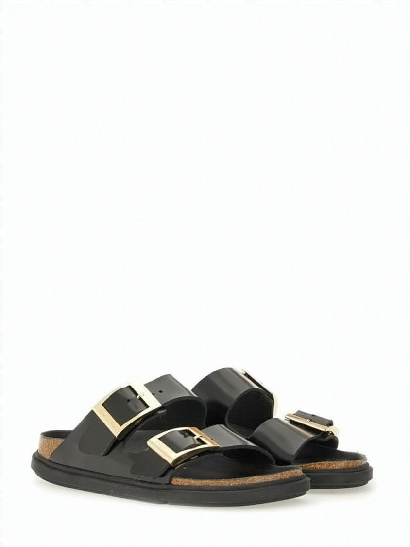 Open-Toe Black Leather Sandals with Metallic Buckles