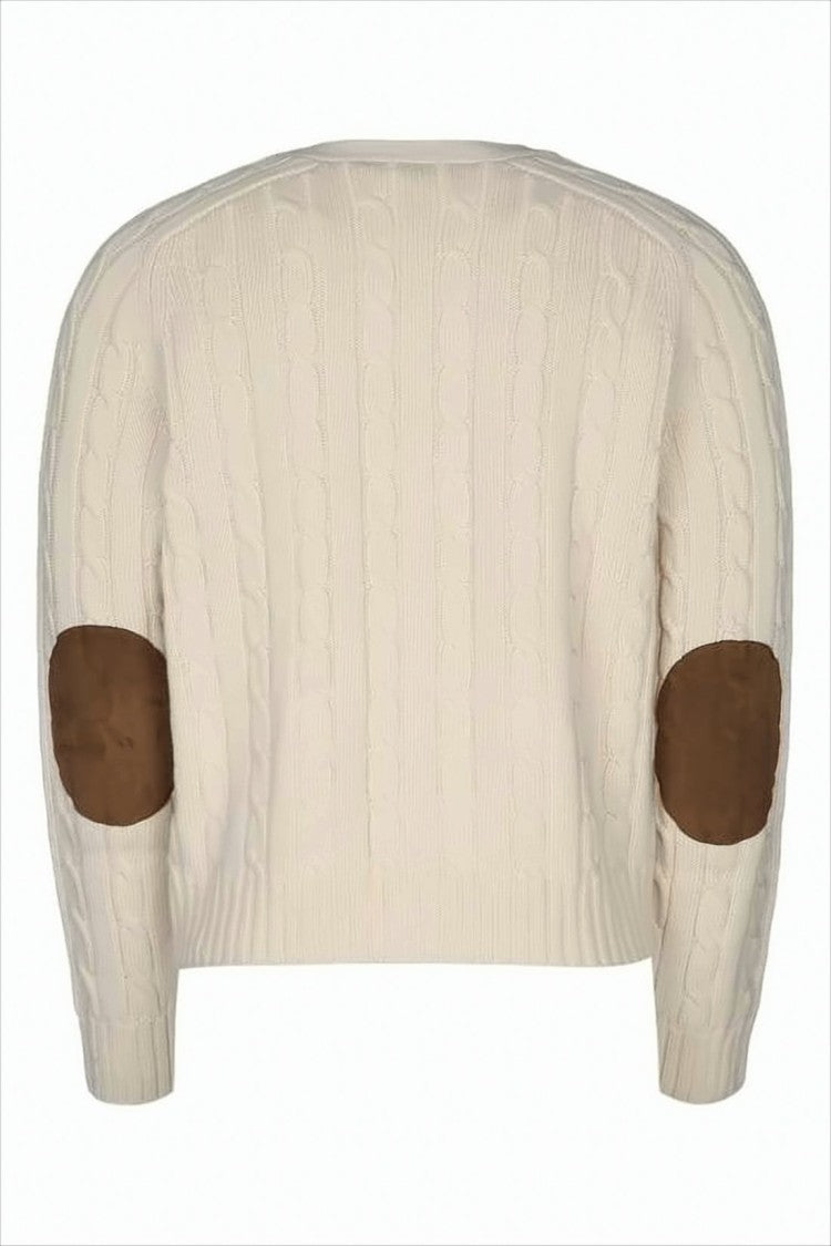 Cropped Cable Knit Cardigan with Suede Elbow Patches