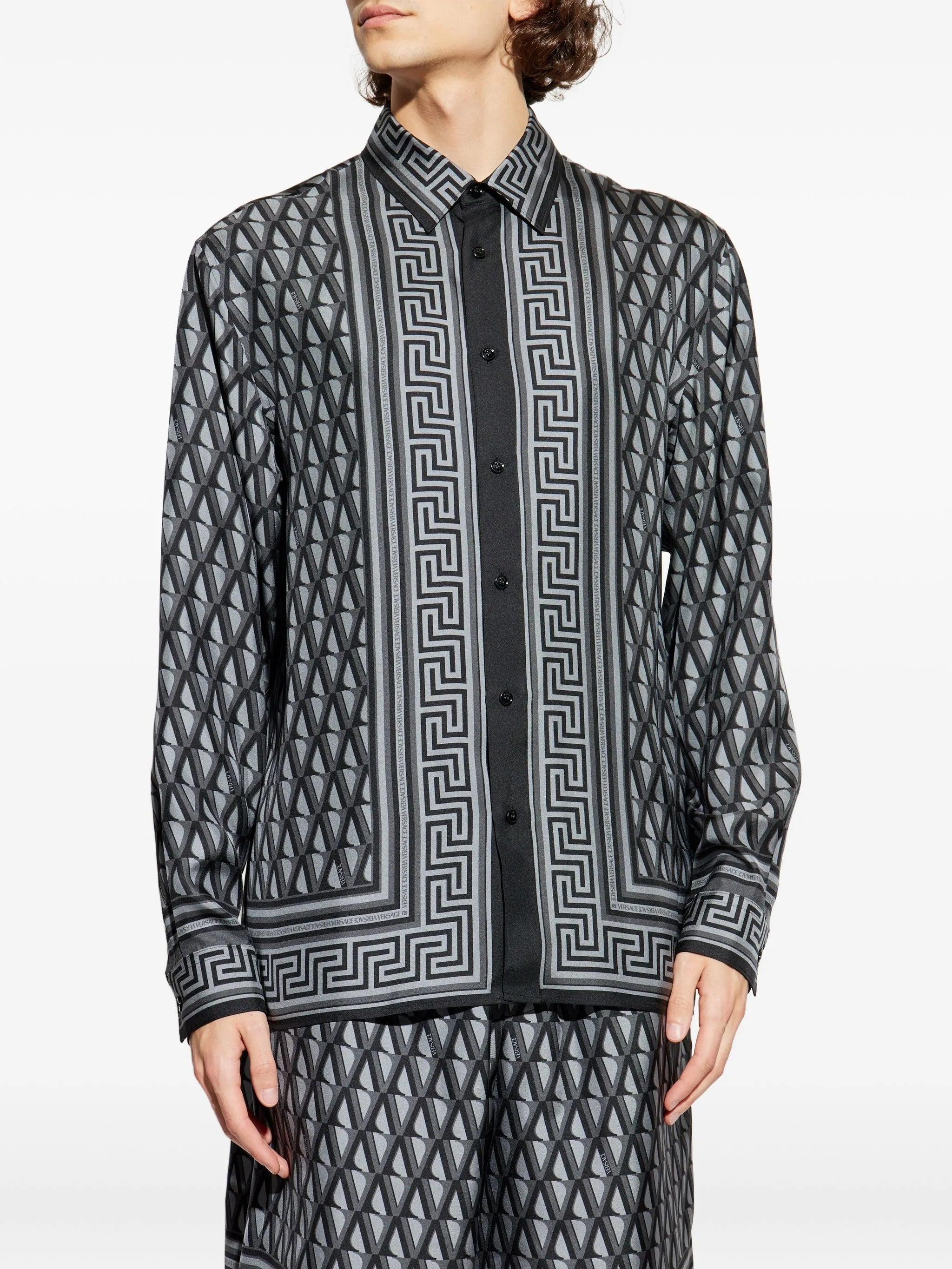 Blue Geometric Greek Key Silk Shirt