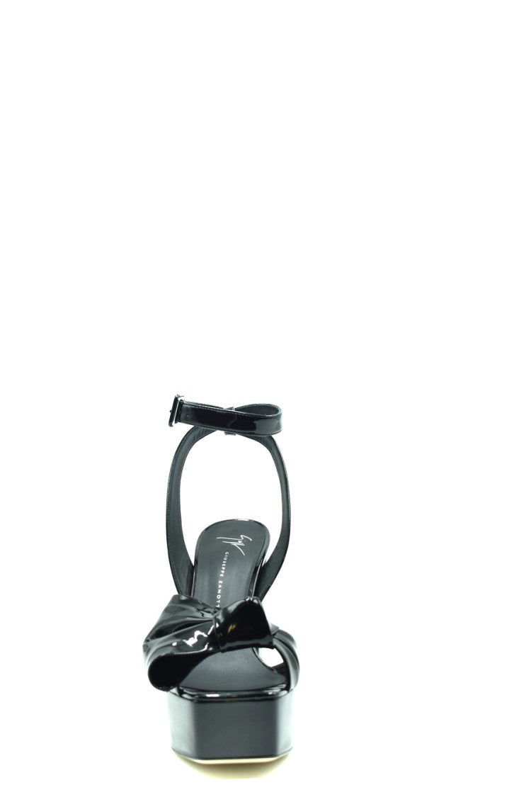 Glossy Black Leather Sandals With Heel