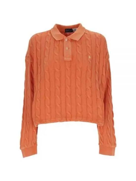 Cable Knit Cropped Polo Top with Ribbed Cuffs