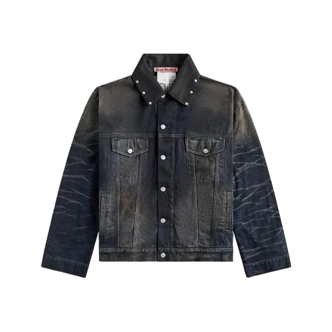 Faded Black Denim Jacket with Studded Collar