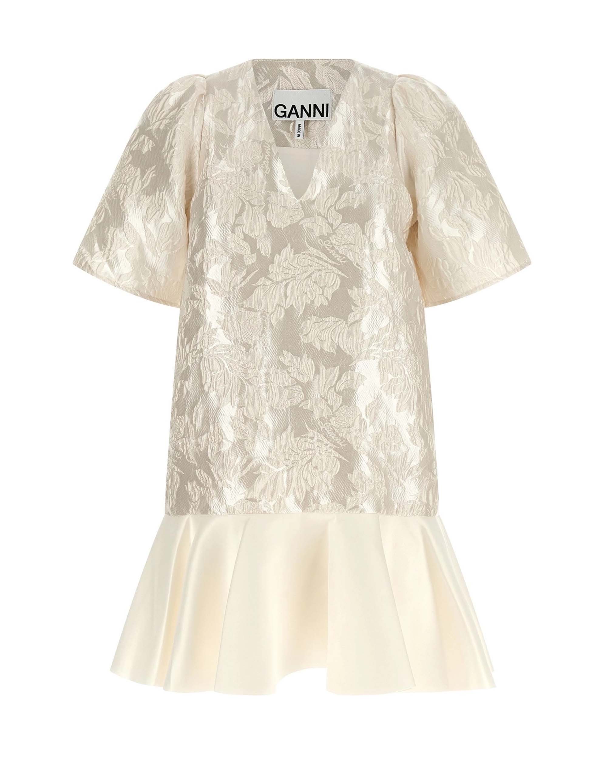 Mini Satin Cloqué Dress With V-Neck
