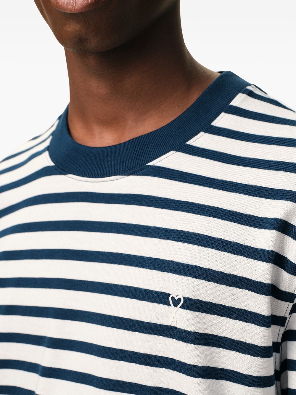 Blue/White Cotton Striped Embroidered T-Shirt