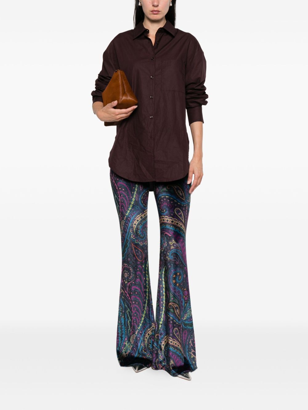 Multicolor Paisley Print Stretch Chenille Flared Trousers