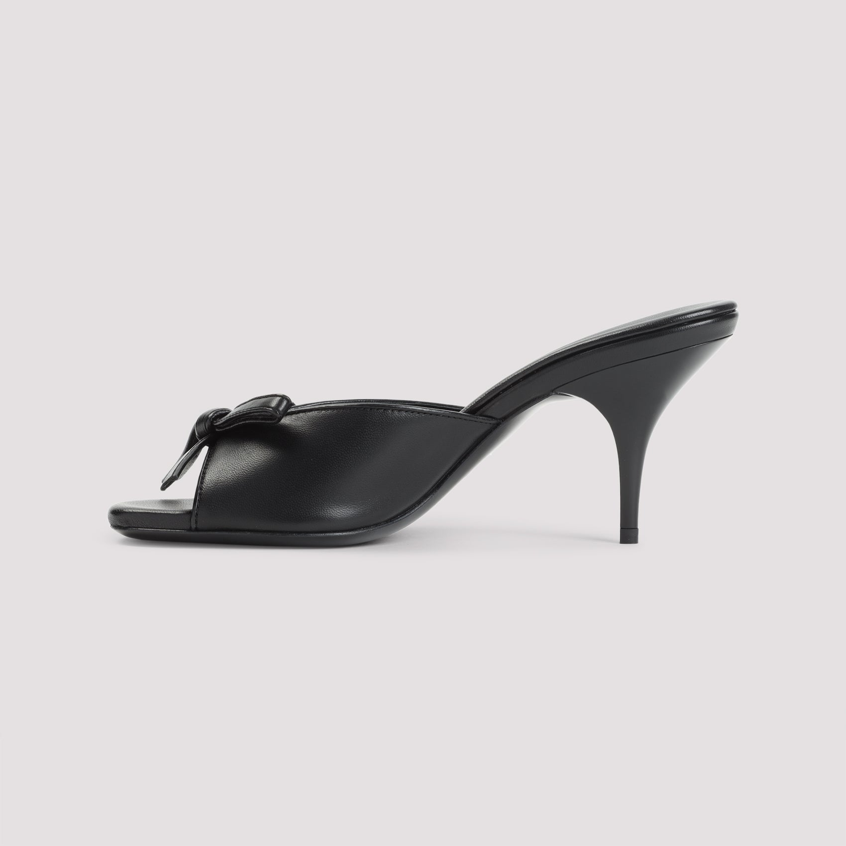 Open-Toe Black Lamb Leather Slippers with Bow Detail