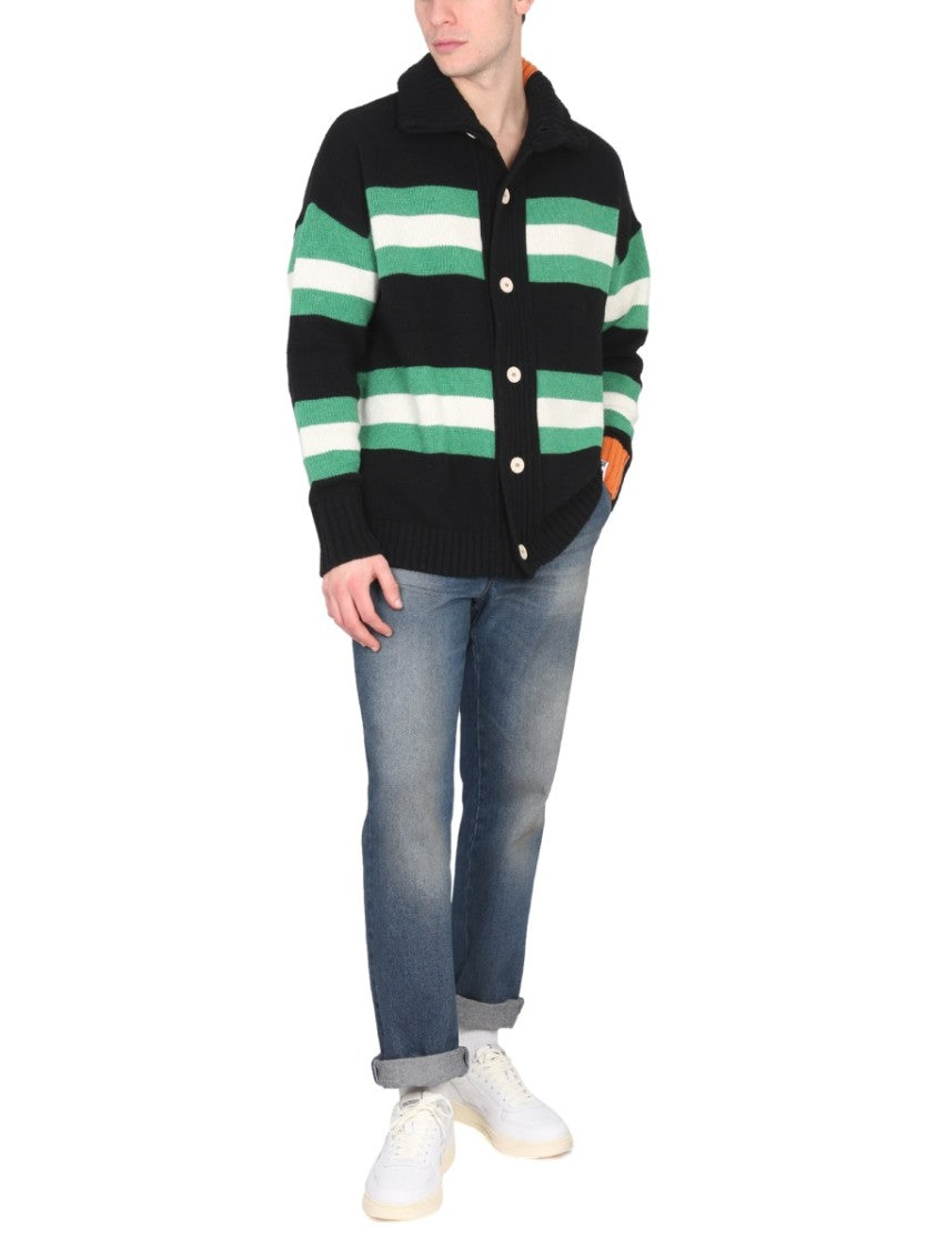 High Neck Button Closure Striped Cardigan