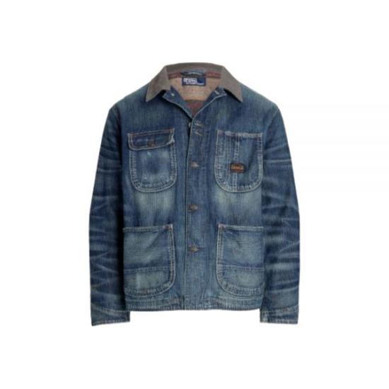 Faded Blue Denim Jacket with Contrasting Brown Collar and Patch Pockets