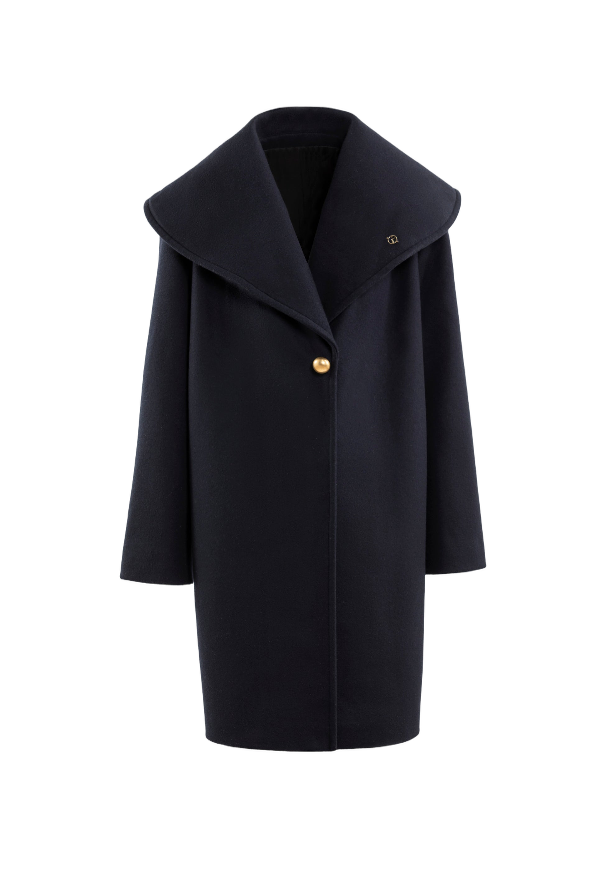 Navy Blue Wool Coat with Dramatic Lapel