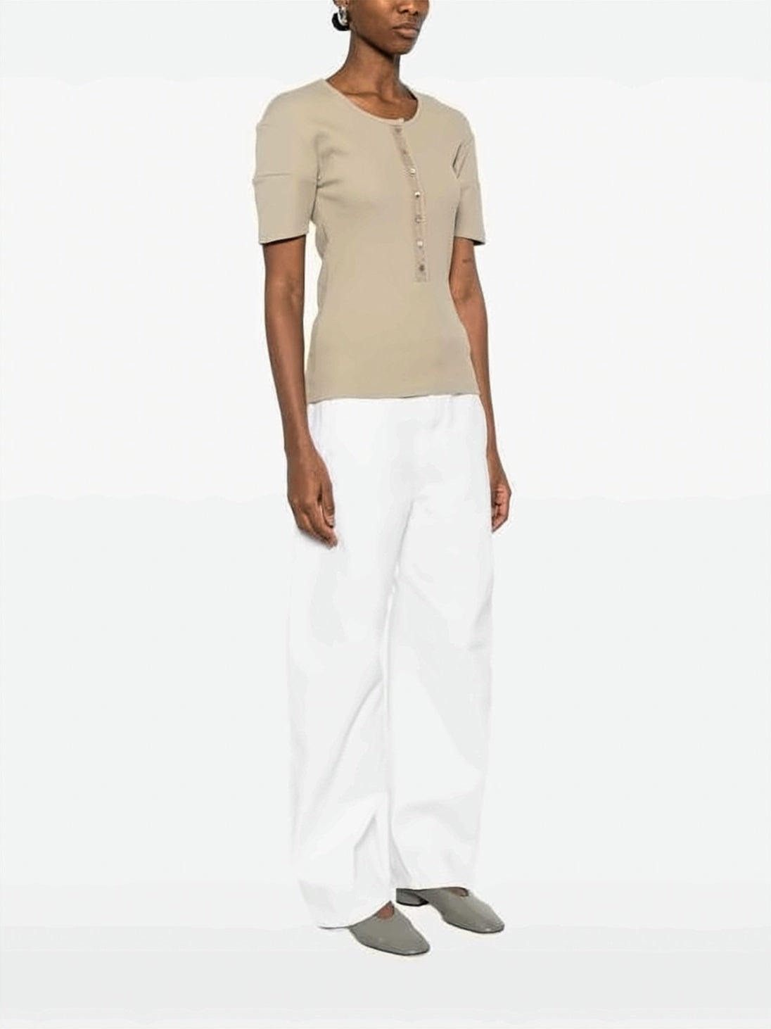 Ribbed Knit Short-Sleeved Top with Buttoned Placket