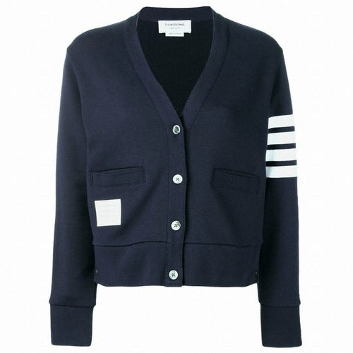 Navy Blue Cardigan with Button-Down Front and Four-Stripe Detail