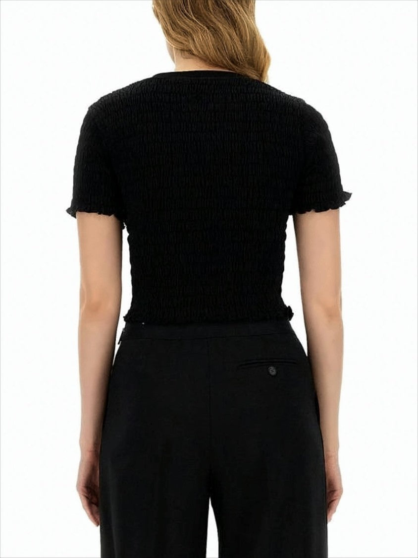 Textured Cropped Black T-Shirt With Bold Logo