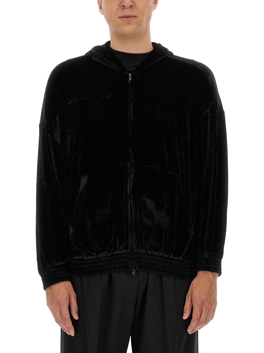 Velvet Sweatshirt with Hood and Modern Silhouette